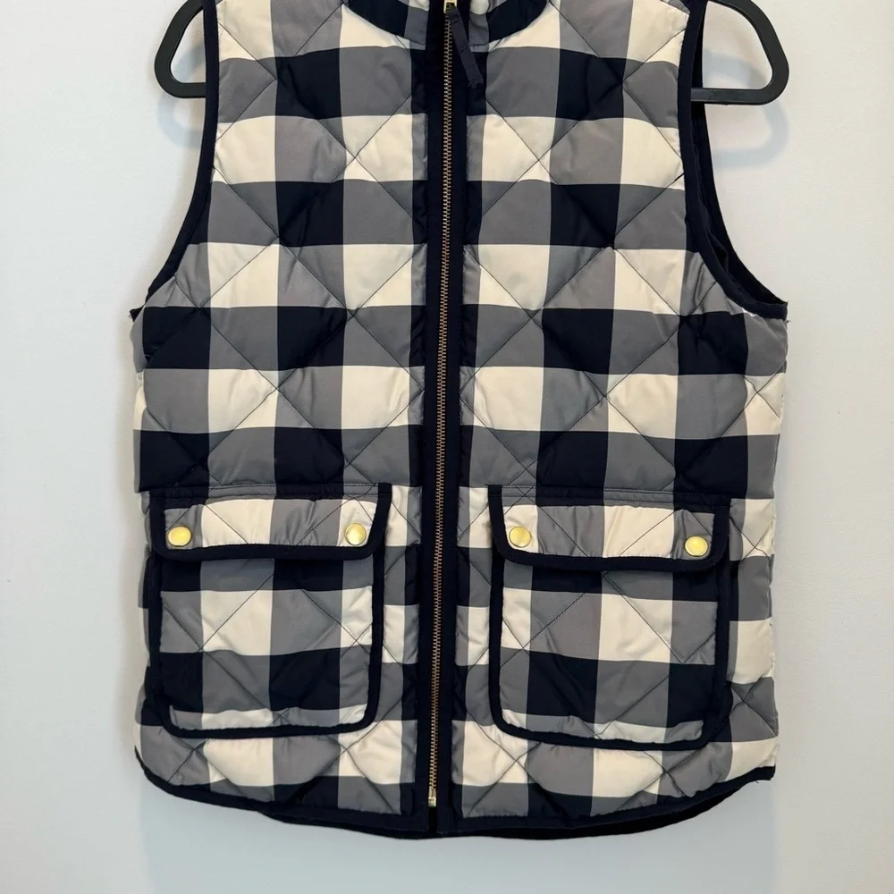 J Crew Excursion Quilted Puffer Vest Jacket Women Blue Buffalo Plaid Sz XS